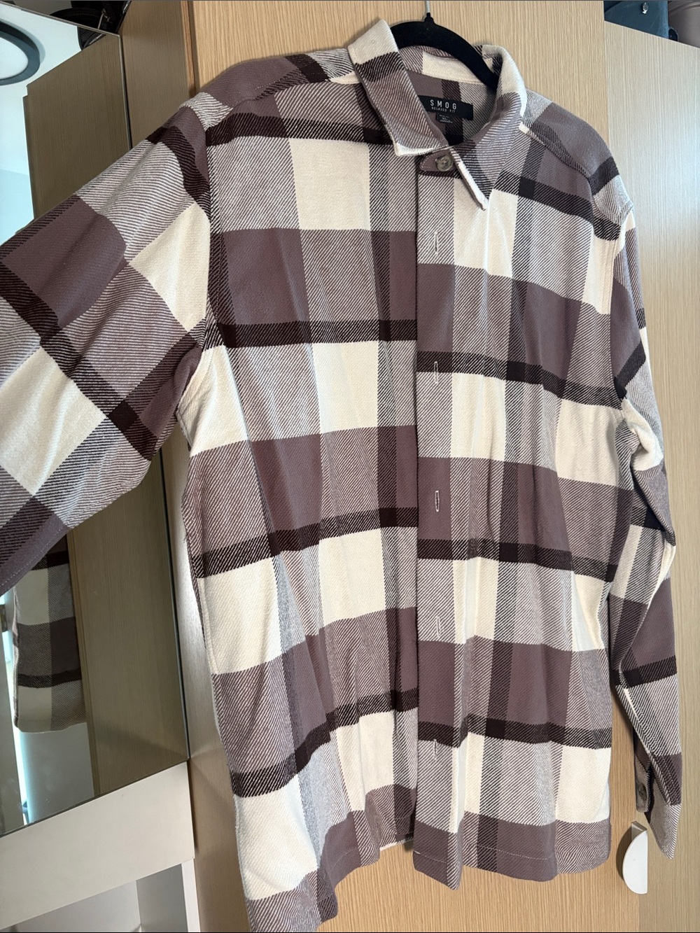 Men's Plaid Lightweight Shirt Jacket in Cream & Brown